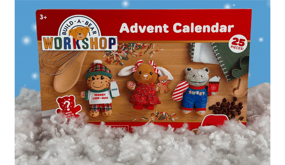 LET THE COUNTDOWN BEGIN holiday animated graphic featuring a Build-A-Bear Advent Calendar with numbered doors arranged across a festive red calendar display. Standing in front is a mixture of plush characters that will be hidden within the advent calendar. The calendar is surrounded by fluffy white snow accents against a blue winter background. Text reads: LET THE COUNTDOWN BEGIN, There’s a snuggly surprise waiting behind each door on our new Advent Calendar!, and SHOP NOW.