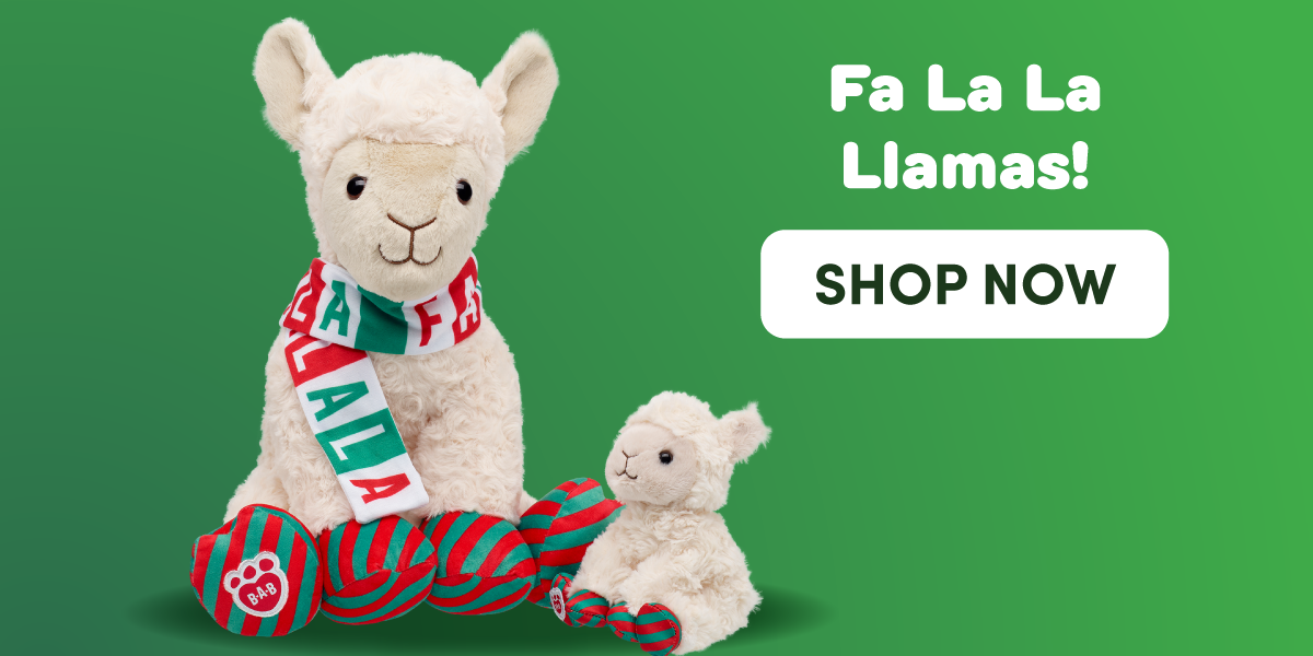 Fa La La Llamas! A cream-colored llama plush wearing a red, green, and white Fa La La scarf sits beside a matching Mini Beans llama plush. Both are posed with red and green striped candy-shaped accessories against a bright green background. Text reads: Fa La La Llamas! SHOP NOW.