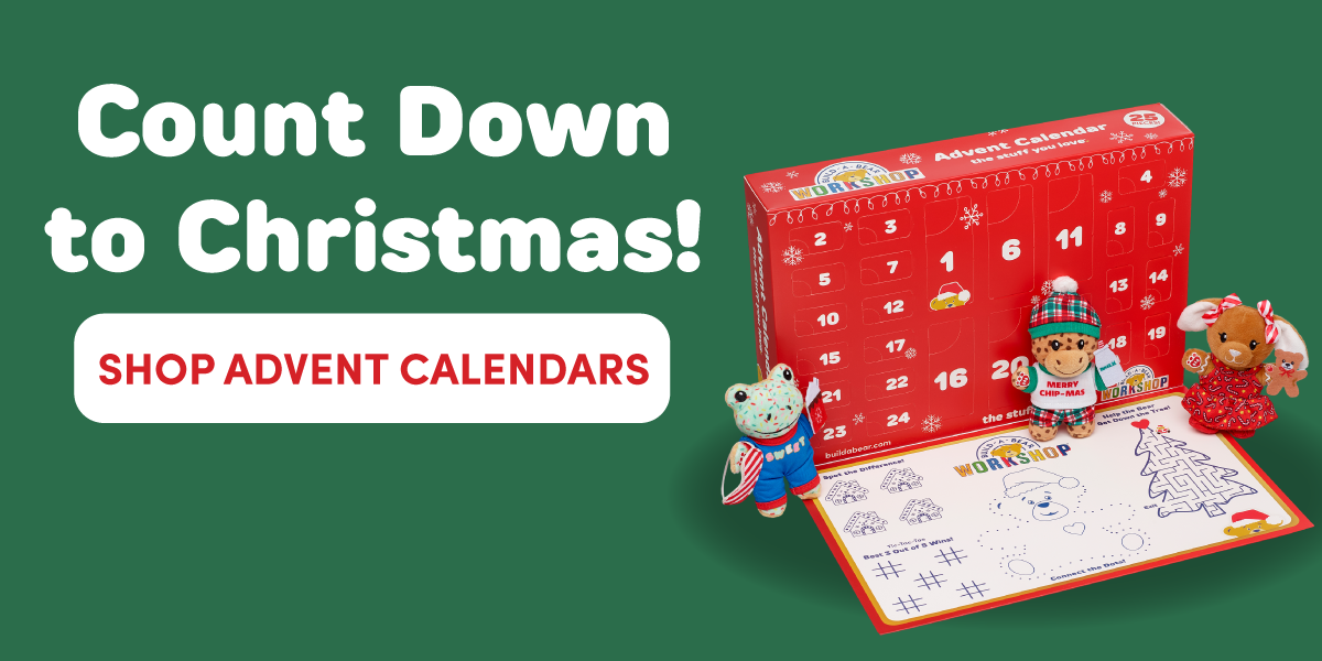 Build-A-Bear Workshop holiday graphic on a green background featuring a red Advent Calendar box with numbered doors and three mini holiday plush characters displayed in front, alongside an activity mat with puzzles and games. Text reads Count Down to Christmas! and SHOP ADVENT CALENDARS. The Advent Calendar packaging shows Advent Calendar, the Build-A-Bear Workshop logo, and Give furry fun all year, highlighting a festive countdown experience with collectible mini plush surprises.