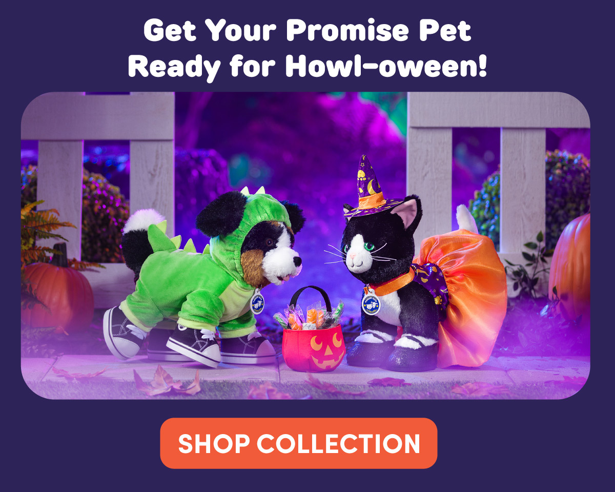 Get Your Promise Pet Ready for Howl-oween! A dog plush dressed in a green dinosaur costume and a black-and-white cat plush dressed as a witch pose beside a pumpkin-shaped candy bucket in a purple-lit Halloween scene with pumpkins. Text reads: Get Your Promise Pet Ready for Howl-oween! SHOP COLLECTION.