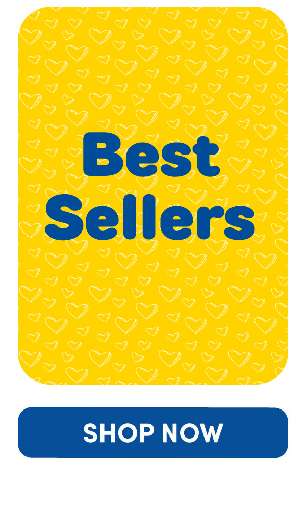 Yellow background with hearts and text overlay that reads Best Sellers with a shop now button
