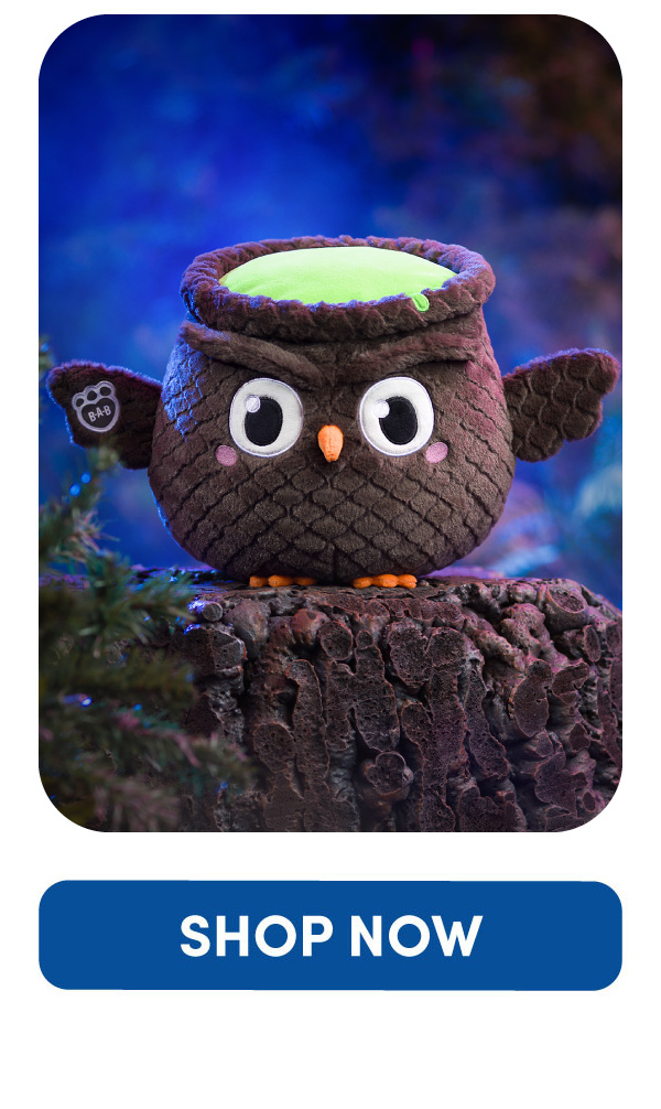 Blue and purple foggy background with Owl Cauldron Mashimal sitting on a rock. Shop Now button.