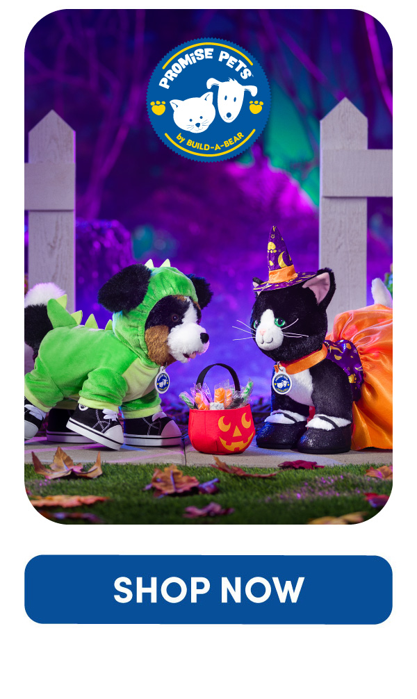 Promise Pets by Build-A-Bear Halloween scene featuring a dog plush dressed in a green dinosaur costume and a black-and-white cat plush dressed as a witch with a purple and orange costume and pointed hat. The Promise Pets by Build-A-Bear logo appears at the top. The two plush pets face each other beside a red jack-o’-lantern candy bucket filled with treats, set in front of a white fence with purple and green Halloween lighting, fallen leaves, and pumpkins in the background.