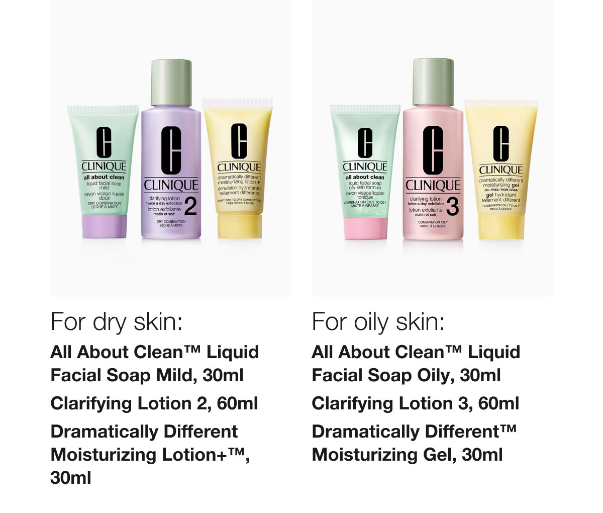 For dry skin: All About Clean™ Liquid Facial Soap Mild, 30ml Clarifying Lotion 2, 60ml Dramatically Different Moisturizing Lotion+™, 30ml For oily skin: All About Clean™ Liquid Facial Soap Oily, 30ml Clarifying Lotion 3, 60ml Dramatically Different™ Moisturizing Gel, 30ml