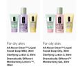 For dry skin: All About Clean™ Liquid Facial Soap Mild, 30ml Clarifying Lotion 2, 60ml Dramatically Different Moisturizing Lotion+™, 30ml For oily skin: All About Clean™ Liquid Facial Soap Oily, 30ml Clarifying Lotion 3, 60ml Dramatically Different™ Moisturizing Gel, 30ml