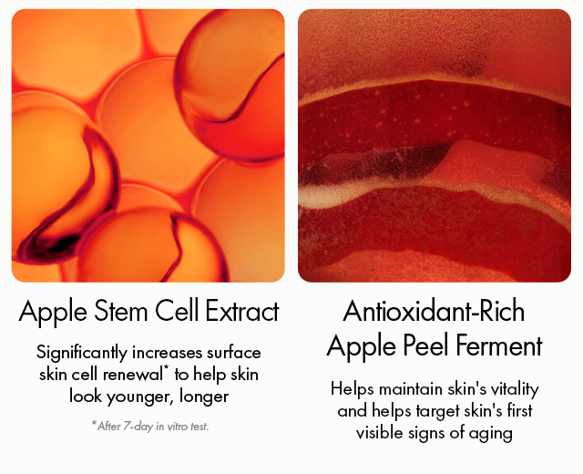 Apple Stem Cell Extract | Significantly increases surface skin cell renewal* to help skin look younger, longer | *After 7-day in vitro test. | Antioxidant-Rich Apple Peel Ferment | Helps maintain skin's vitality and helps target skin's first visible signs of aging