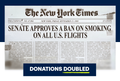 New York Times headline reading 'Senate Approved a Ban on Smoking on All U.S. Flights' | DONATIONS DOUBLED