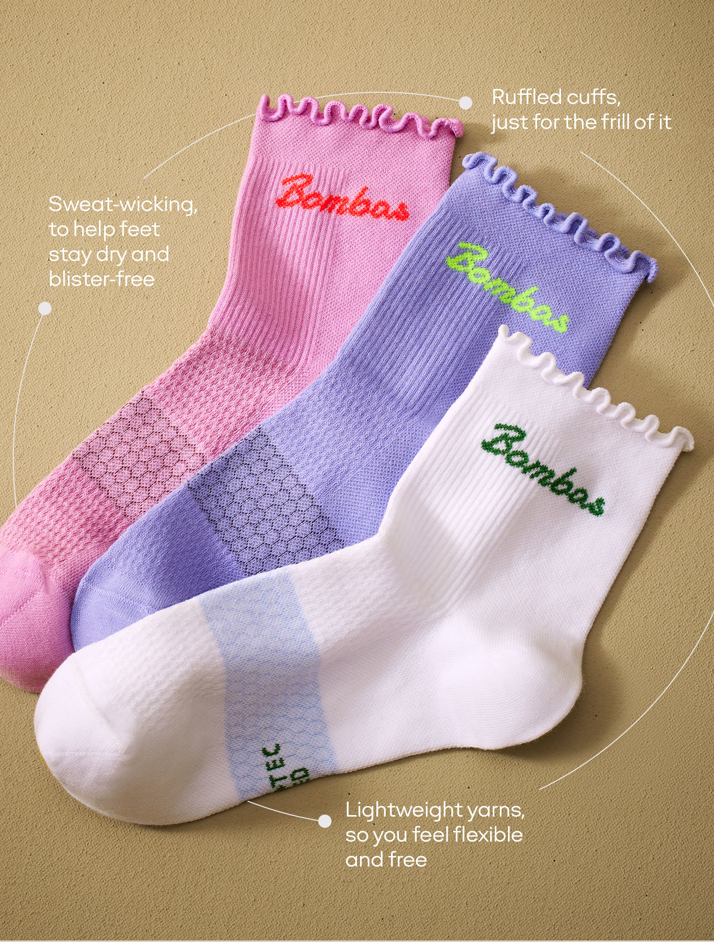 Ruffled cuffs, just for the frill of it, Sweat-wicking, to help feet stay dry and blister-free, Lightweight yarns, so you feel flexible and free