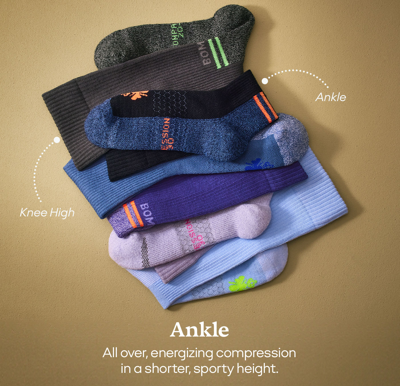 Knee High | Ankle | Ankle All over, energizing compression in a shorter, sporty height.