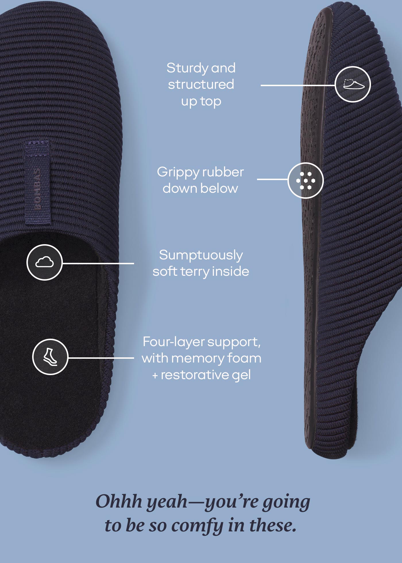 Sturdy and structured up top | Grippy rubber down below | Sumptuously soft terry inside | Four-layer support, with memory foam + restorative gel | Ohhh yeah-you're going to be so comfy in these.