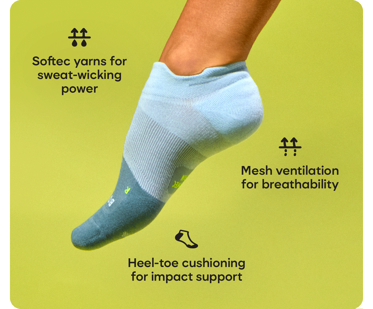 Softec yarns for sweat-wicking power | Mesh ventilation for breathability | Heel-toe cushioning for impact support