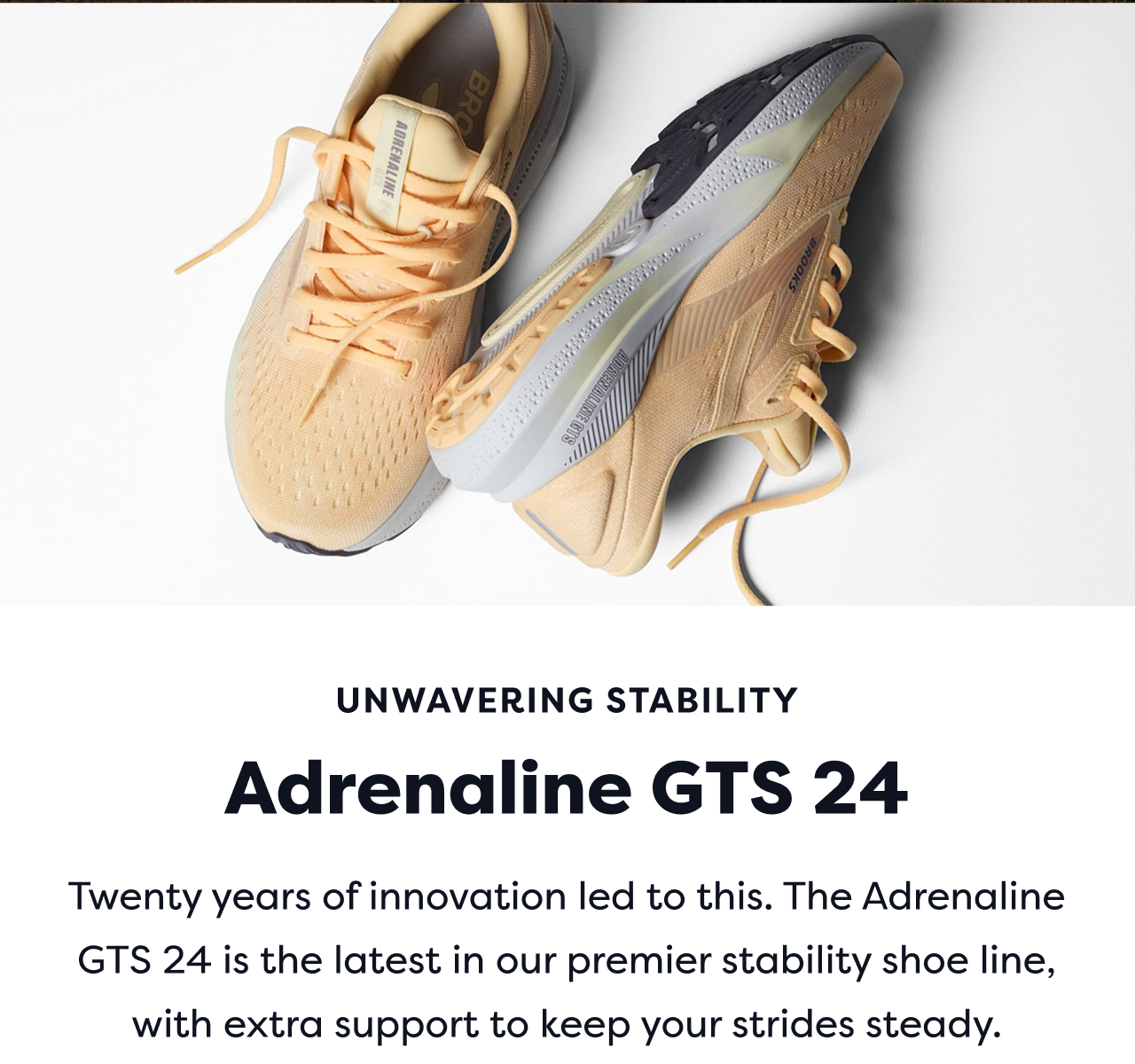 UNWAVERING STABILITY | Adrenaline GTS 24 | Twenty years of innovation led to this. The Adrenaline GTS 24 is the latest in our premier stability shoe line, with extra support to keep your strides steady.