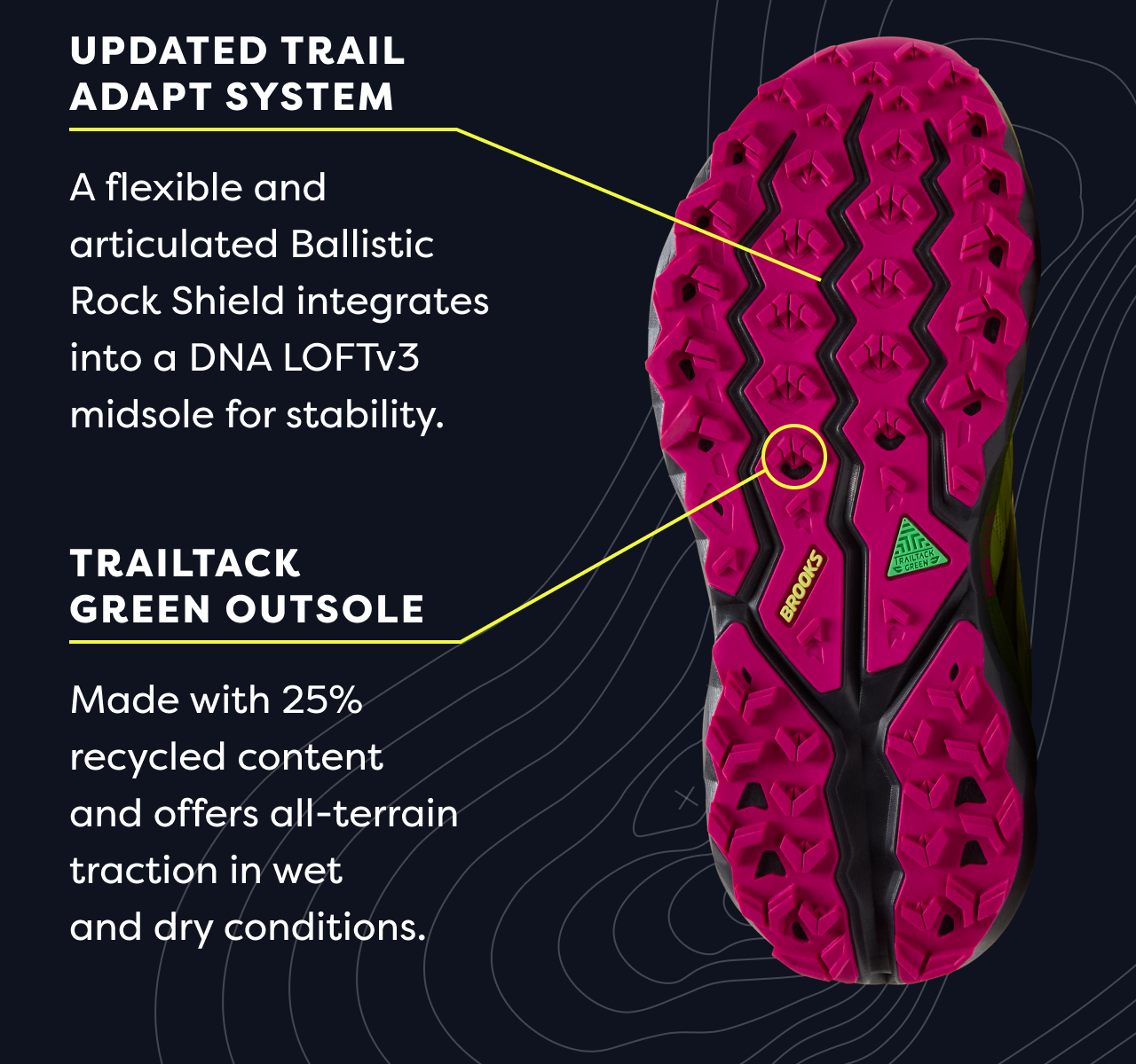 UPDATED TRAIL ADAPT SYSTEM | A flexible and articulated Ballistic Rock Shield integrates into a DNA LOFTv3 midsole for stability. | TRAILTACK GREEN OUTSOLE | Made with 25% recycled content and offers all-terrain traction in wet and dry conditions.